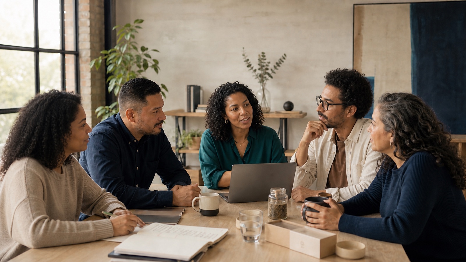 Cinco profesionales latinos e hispanos colaborando alrededor de una mesa